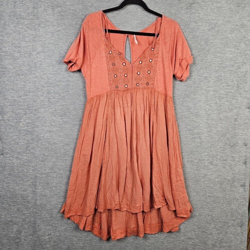 Free People Women's Orange Embroidered Short Sleeve Flared Dress Size S